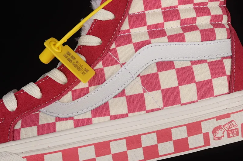 All categories Vans Vans series Vans Hi Vans high-top plus velvet Vans Sk8-Hi Anaheim pink and white checkerboard high-top casual sneakers VN0A38GF2U9